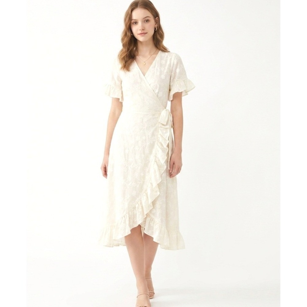Elestory Wrap Dress Womens Large White Floral Eyelet Ruffle‎ USA Romantic Midi